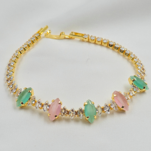 Pink & Green Big Stones Cubic Zircon Gold Plated Tennis Bracelet
