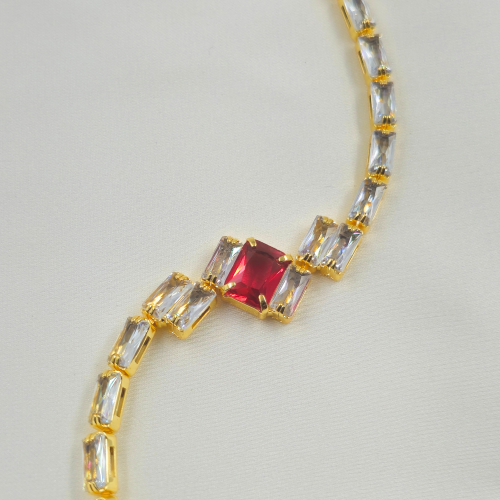 Red Stone Cubic Zircon Gold Plated Tennis Bracelet