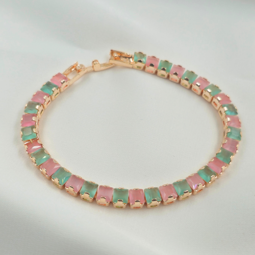 Green and Pink Square Cubic Zircon Gold Plated Tennis Bracelet