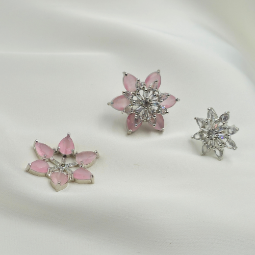 2 in 1 Pink & Clear Medium Sized AD Flower Silver Plated Stud Earrings