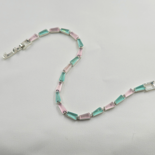 Pink & Green  Silver Chain Tennis Bracelet