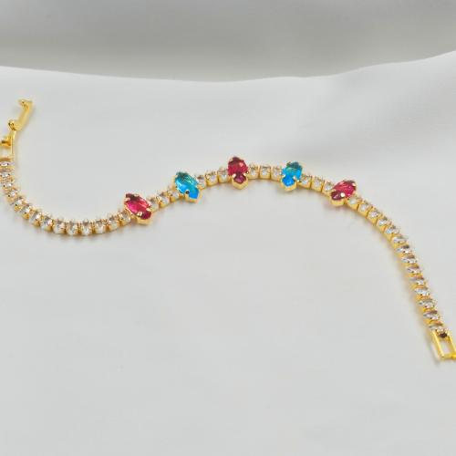 Blue and Red Big Stones Cubic Zircon Gold Plated Tennis Bracelet