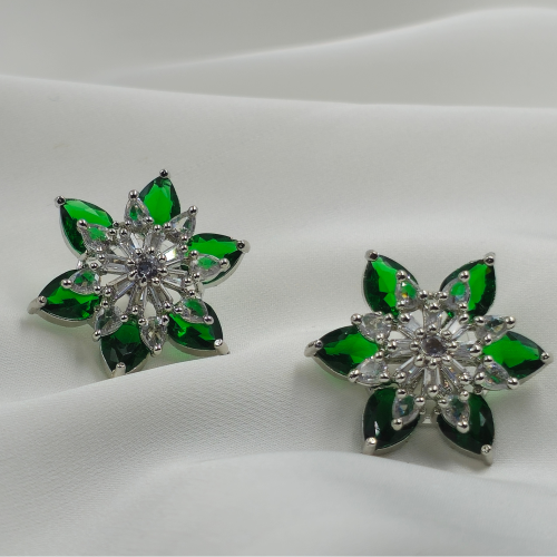 2 in 1 Green & Clear Medium Sized AD Flower Silver Plated Earrings