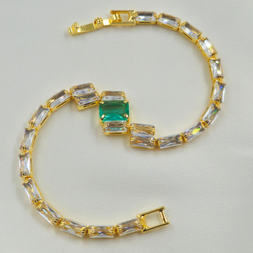 Green Stone Cubic Zircon Gold Plated Tennis Bracelet